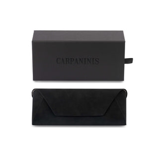 Black sunglasses case with 'CARPANINIS' branding on a white background