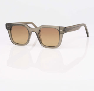 Sunglasses with brown lenses and transparent frame on a white background