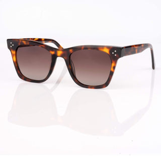 Sunglasses with tortoiseshell frame and brown gradient lenses on a white background