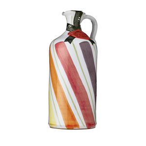 hand painted ceramic jar of extra virgin olive oil with orange red yellow and purple diagonal lines