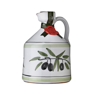 hand painted ceramic jar of extra virgin olive oil with olive branch