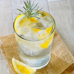 A glass of gin and tonic with a wedge of lemon and a sprig of rosemary