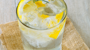 A glass of gin and tonic with a wedge of lemon and a sprig of rosemary