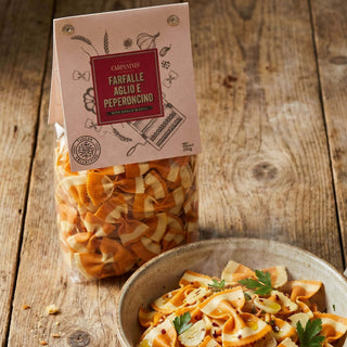 A packet of Carpaninis chilli and garlic farfalle pasta