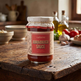 A jar of arrabbiata sauce on a wooden table