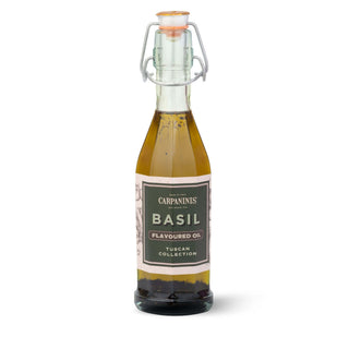 Bottle of Carpaninis Basil Flavoured Oil on a white background