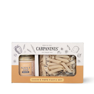 Carpaninis Cacio e Pepe pasta set packaging with pasta and sauce jar.