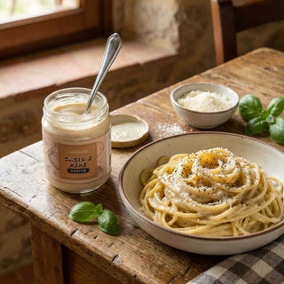 A jar of Carpaninis Cacio e Pepe sauce on a wooden table next to a prepared pasta dish