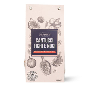 Box of Carpaninis Cantucci with Figs and Walnuts on a white background