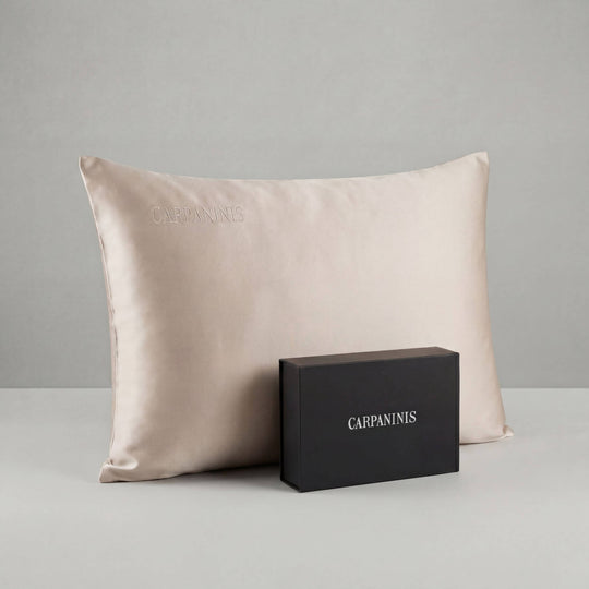 Beige pillow and black box with 'CARPANINIS' branding on a gray background