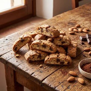 A pile of chocolate cantucci on a wooden table