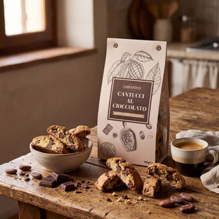 A packet of chocolate cantucci biscuits on a wooden table next to an espresso