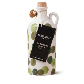 Carpaninis Extra Virgin Olive Oil bottle with green and white pattern on a white background