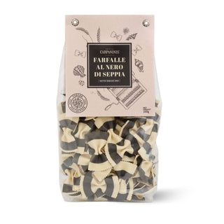 Package of Farfalle al Nero di Seppia pasta with a beige label on a white background