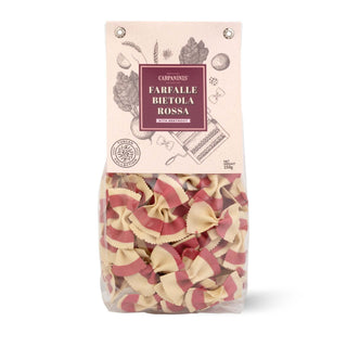 Package of Farfalle Bietola Rossa pasta with decorative design on a white background