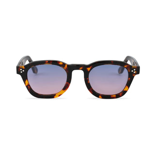 Sunglasses with tortoiseshell frame and gradient lenses on a white background