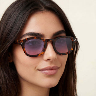 Close-up of a person wearing tortoiseshell sunglasses with a neutral background
