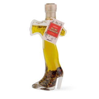 Bottle shaped like a Italy, high heel with oil inside on a white background