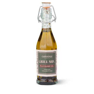 A glass bottle of grill mix flavoured oil