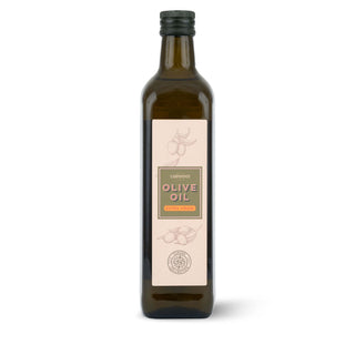 Bottle of olive oil with a label on a white background