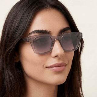 Close-up of a person wearing sunglasses with a neutral background