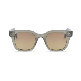 Sunglasses with a green transparent frame and brown lenses on a white background