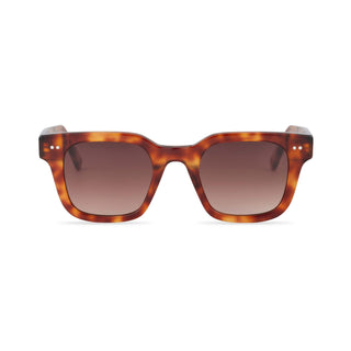 Sunglasses with tortoiseshell frame and brown gradient lenses on a white background