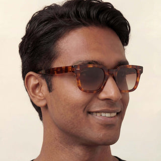 Man wearing tortoiseshell sunglasses with a neutral background