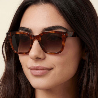 Close-up of a person wearing tortoiseshell sunglasses with a neutral background