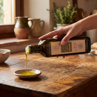 A person pouring a bottle of olive oil into a dish