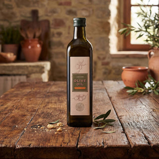 A jar of olive oil on a wooden table