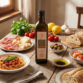 Bottle of olive oil on a wooden table with Italian food and ingredients