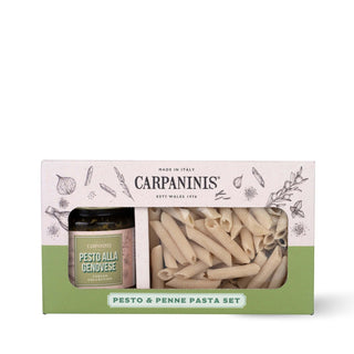 Carpaninis pesto and penne pasta set packaging on a white background