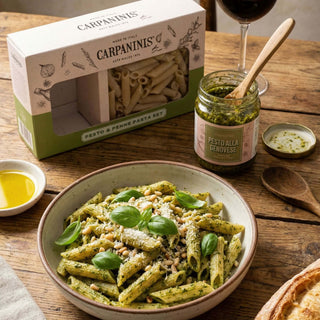 A pesto and penne set. byCarpaninis on a wooden table with. aprepared bowl