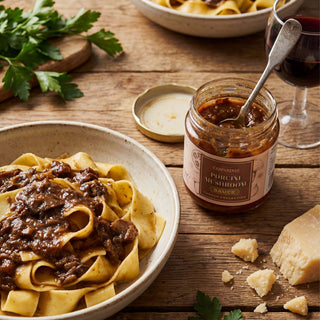 A jar of Porcini mushroom sauce next to a prepared bowl