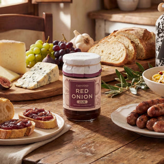 A jar of red onion jam on a wooden table with cheese and bread