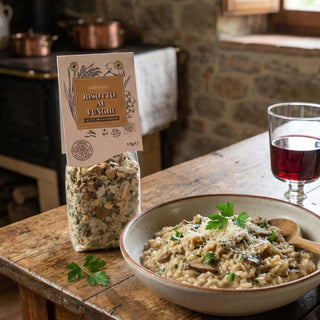 Risotto with mushroom package on a wooden table with a glass of red wine.