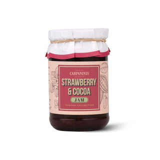 Jar of strawberry and cocoa jam with a pink label on a white background