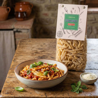 Pasta dish with a package of pasta on a wooden table
