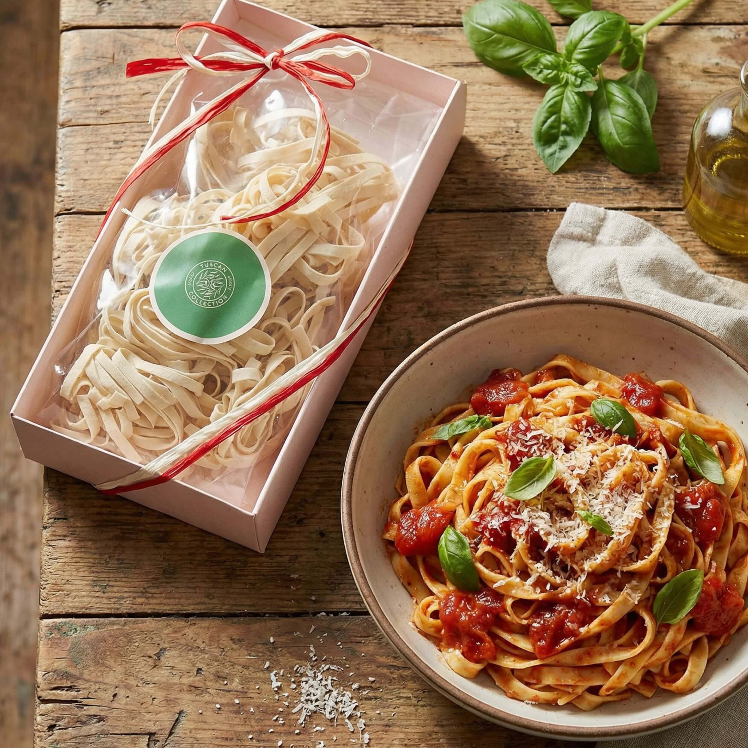 A gift box of Carpaninis tagliatelle pasta on a wooden table next to a prepared bowl