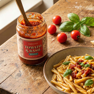 A jar of tomato and basil sauce next to a bowl of pasta