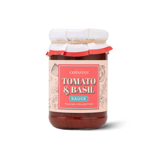 Jar of tomato and basil sauce with a decorative label on a white background