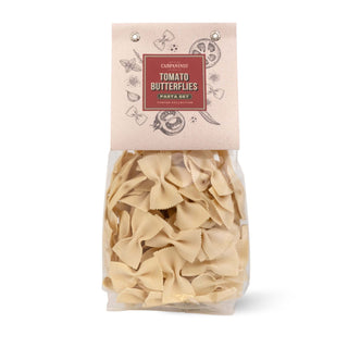 Packaged pasta with 'Tomato Butterflies' label on a white background