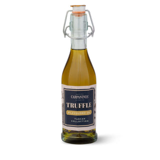 Bottle of Carpaninis Truffle Flavoured Oil on a white background