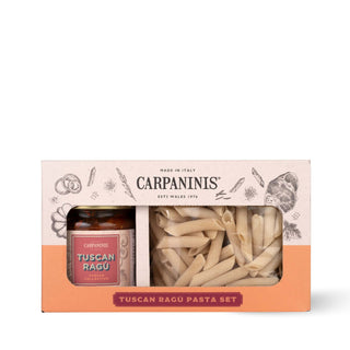 Carpaninis Tuscan Ràgu pasta set packaging with pasta and sauce jar on a white background