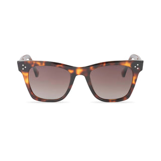 Sunglasses with tortoiseshell frame and brown gradient lenses on a white background