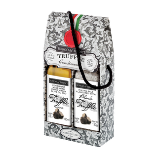 Packaged food items with decorative box on a white background. borgo de medici