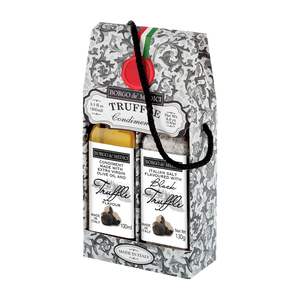 Packaged food items with decorative box on a white background. borgo de medici