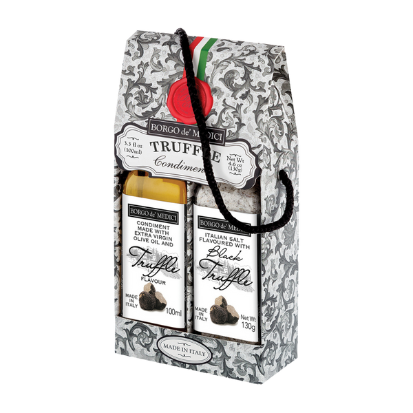 Packaged food items with decorative box on a white background. borgo de medici