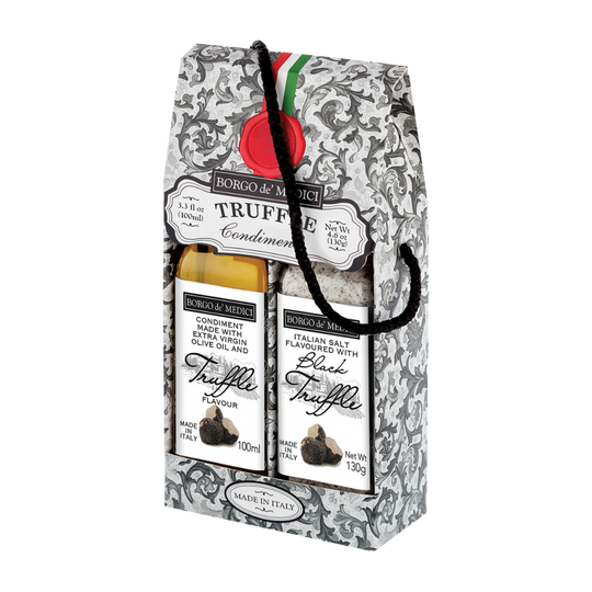 Packaged food items with decorative box on a white background. borgo de medici